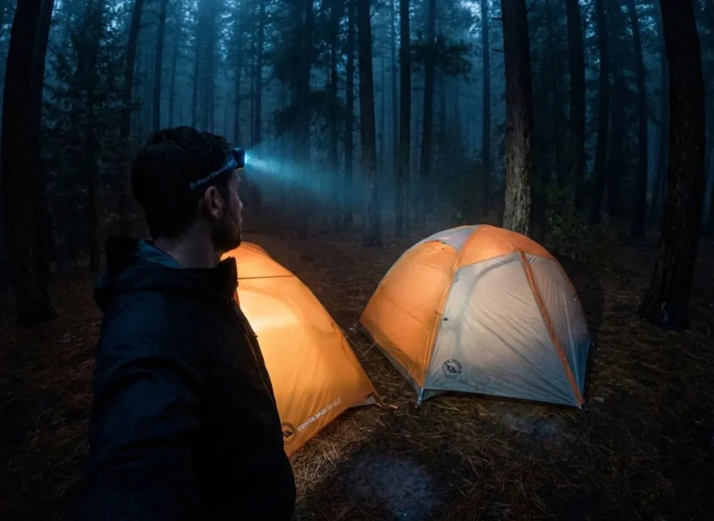Hiker with a Black Diamond headlamp scanning the forest near a lit Big Agnes Copper Spur tent at night.