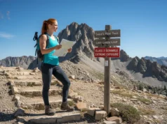 Yosemite Decimal System Explained for Hikers & Scramblers A female hiker in her late 20s stands at a trail junction, looking from her map towards a rugged mountain peak indicated as a Class 3 scramble on a sign.