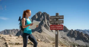 Yosemite Decimal System Explained for Hikers & Scramblers A female hiker in her late 20s stands at a trail junction, looking from her map towards a rugged mountain peak indicated as a Class 3 scramble on a sign.