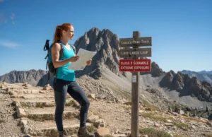 Yosemite Decimal System Explained for Hikers & Scramblers A female hiker in her late 20s stands at a trail junction, looking from her map towards a rugged mountain peak indicated as a Class 3 scramble on a sign.