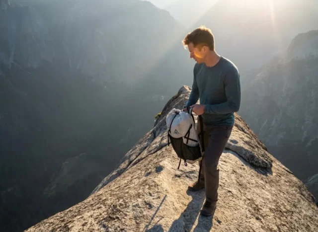 yosemite-decimal-system-risk-assessment A hiker stands on a high, exposed rocky ridge looking down into a deep valley, illustrating the risks of the Yosemite Decimal System.