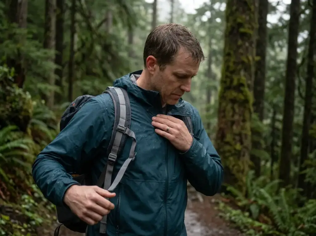 Hiker checking soaked shoulder straps on a rain shell after a wet North Cascades hike