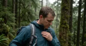 Pack Straps Beat Hydrostatic Head Ratings Hiker checking soaked shoulder straps on a rain shell after a wet North Cascades hike