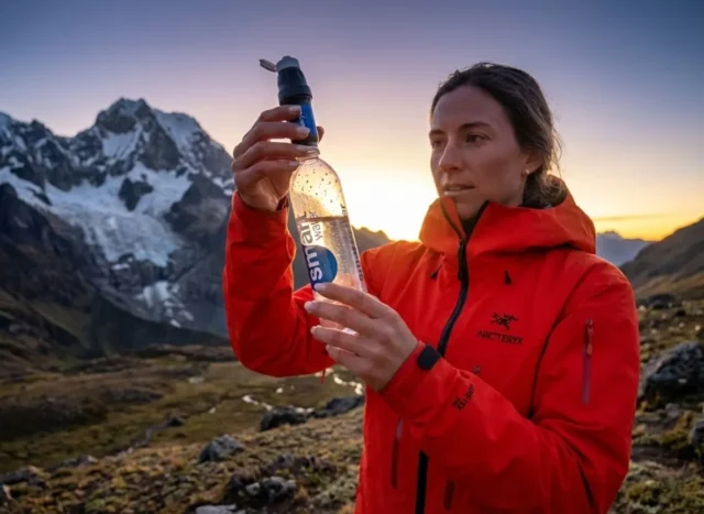 01-micron-myth-hiker-inspection Professional hiker in a red Arc'teryx jacket inspecting a Sawyer Squeeze water filter against a mountain backdrop during golden hour.