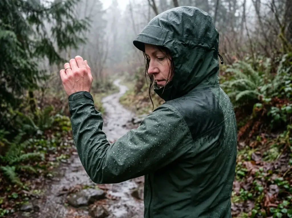 Rain beading on the sleeve of a hardshell while the shoulder fabric has soaked dark