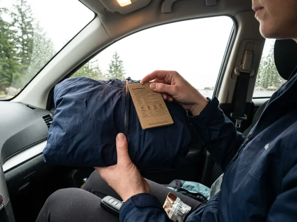 Close-up of hands reading the waterproof rating on a rain jacket hangtag