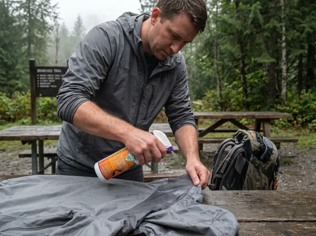 Hiker spraying DWR reproofer onto the shoulder strap contact zone of a rain jacket