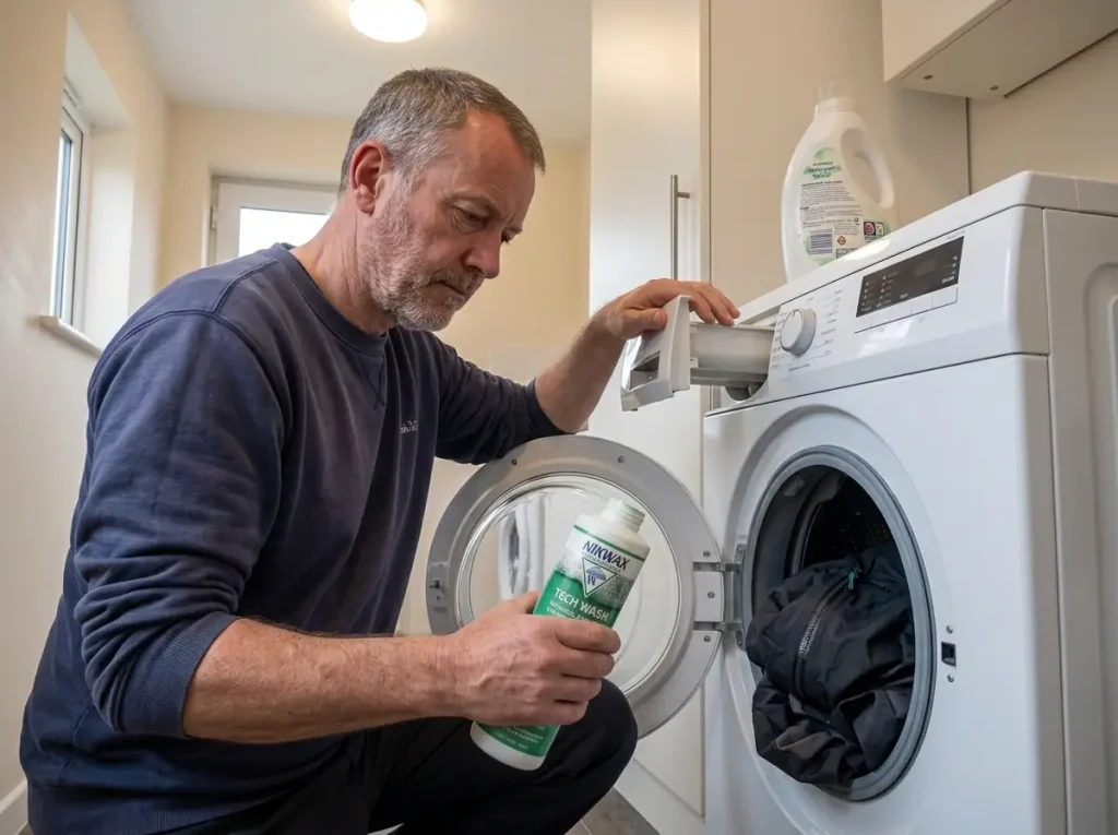 Technical wash bottle held beside a washing machine drawer before cleaning a rain shell