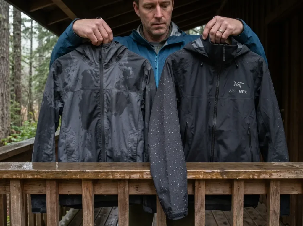 Comparing the coated face fabric of a Gore-Tex Pro shell against a cheaper coated jacket