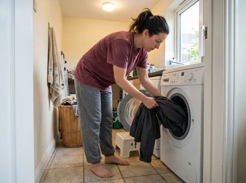 Loading a zipped Gore-Tex rain jacket into a front-loading washing machine