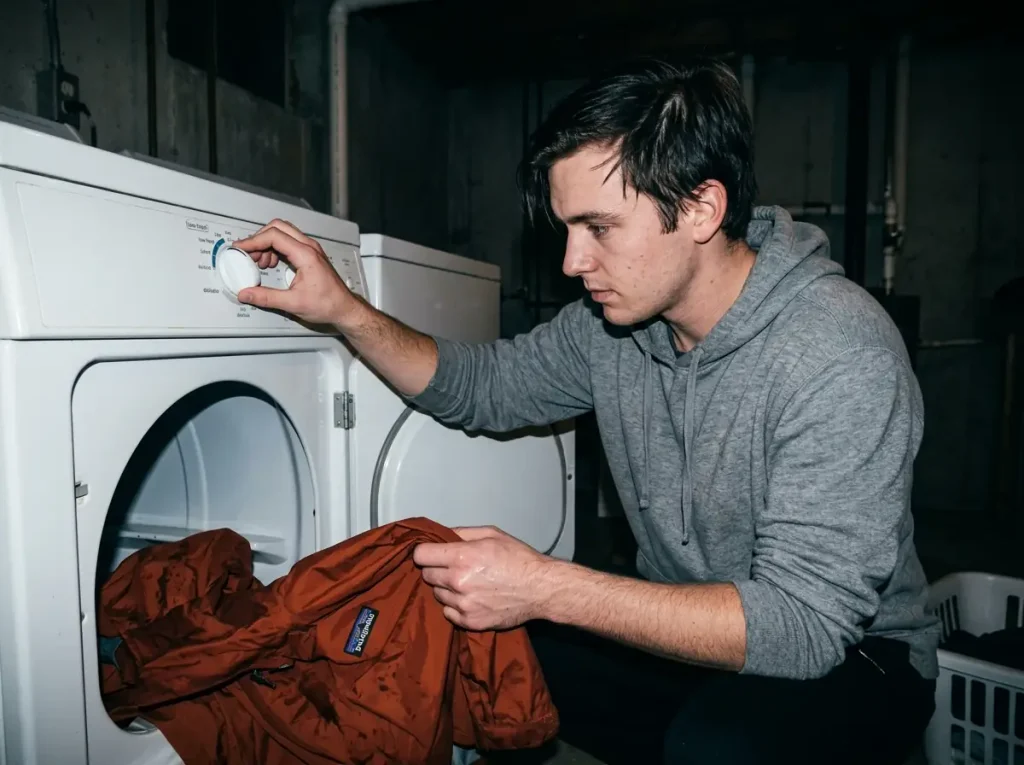 Rain jacket going into a dryer on low heat to reactivate its DWR coating