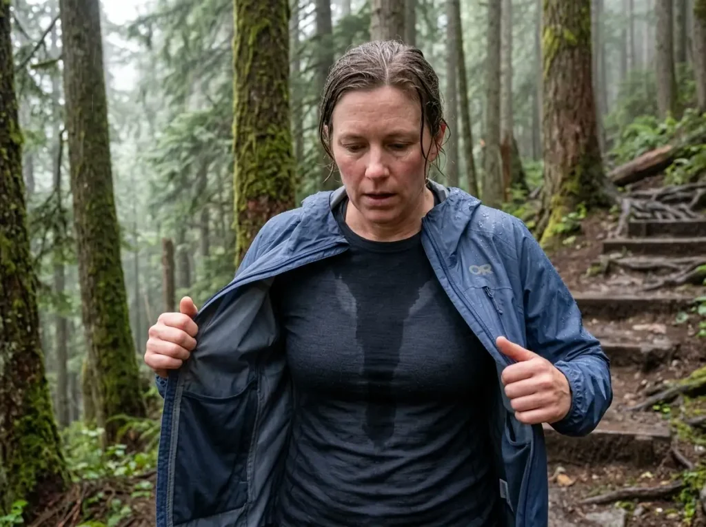 Hiker venting a lightweight rain shell on a climb to manage sweat under the membrane