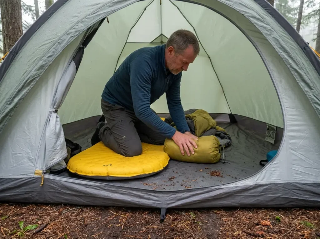 Kneeling on a sleeping pad instead of the bare tent floor while packing up in the rain