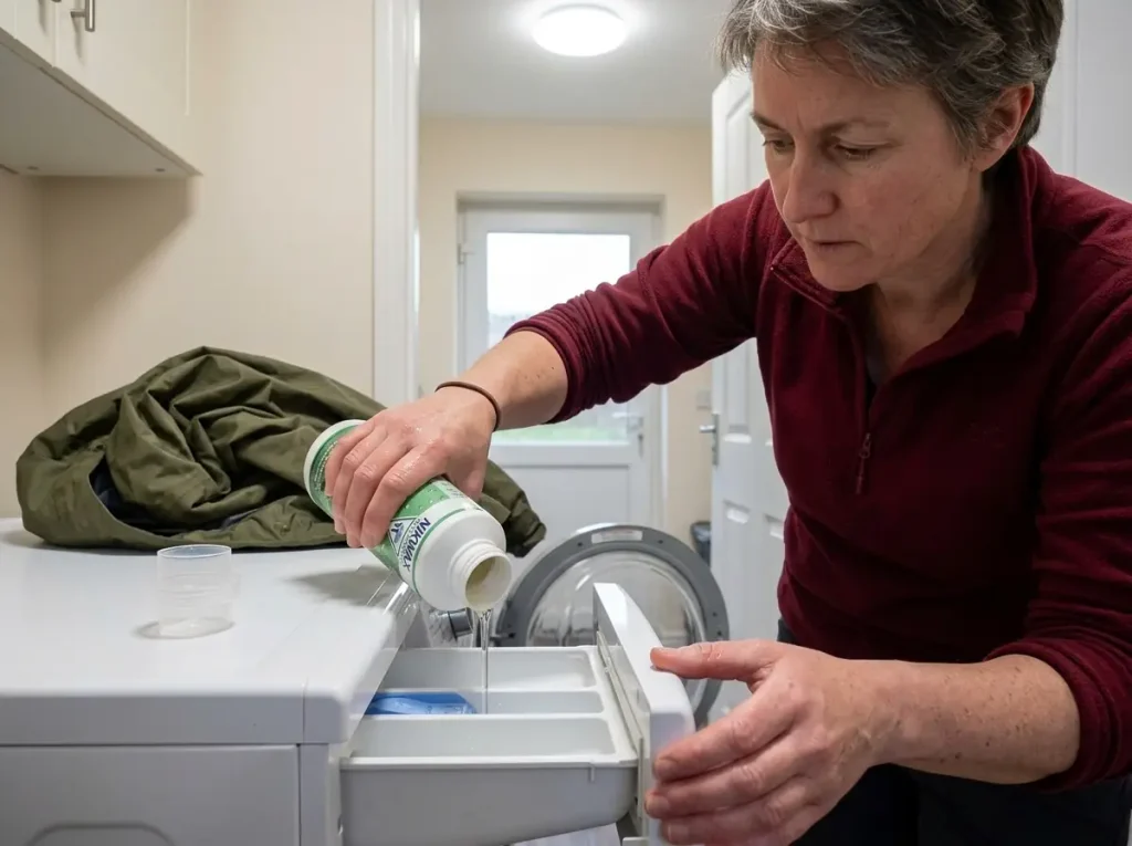 Wash-in DWR treatment poured into a machine drawer to reproof a rain jacket