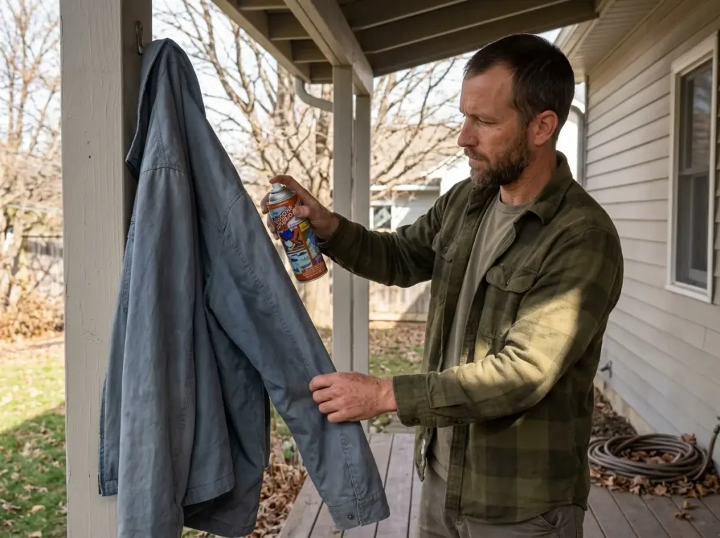 Spraying water repellent onto the shoulders of a hanging jacket for routine DWR care