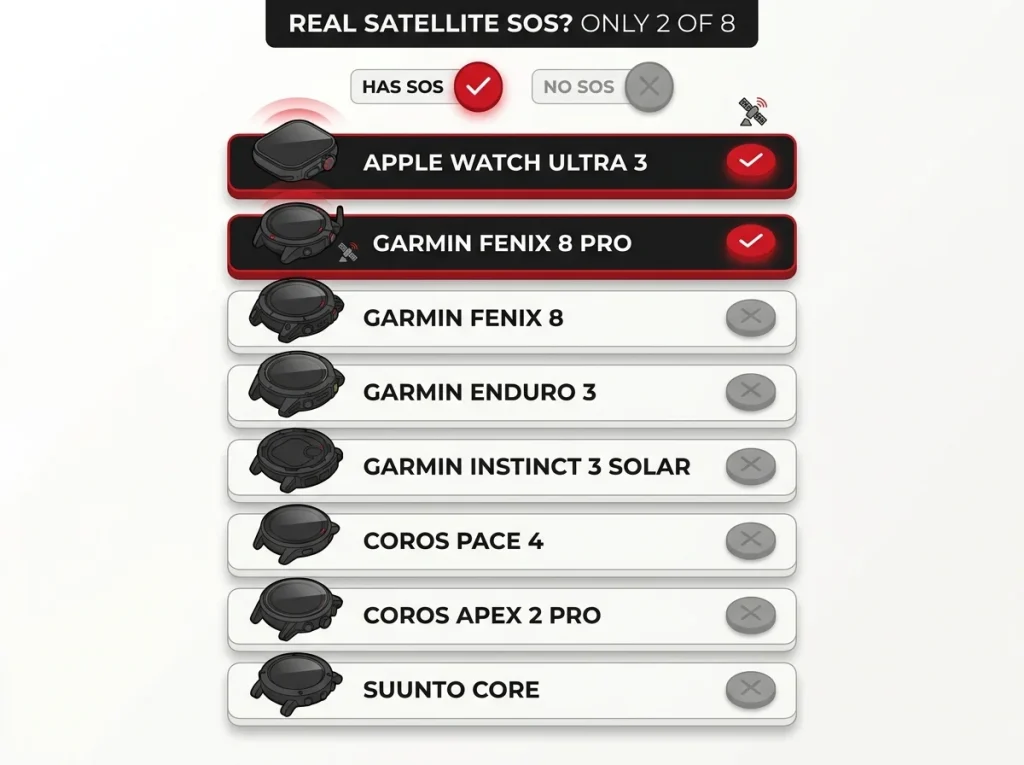 Checklist graphic listing 8 GPS hiking watches with yes or no markers for real satellite SOS, only 2 marked yes