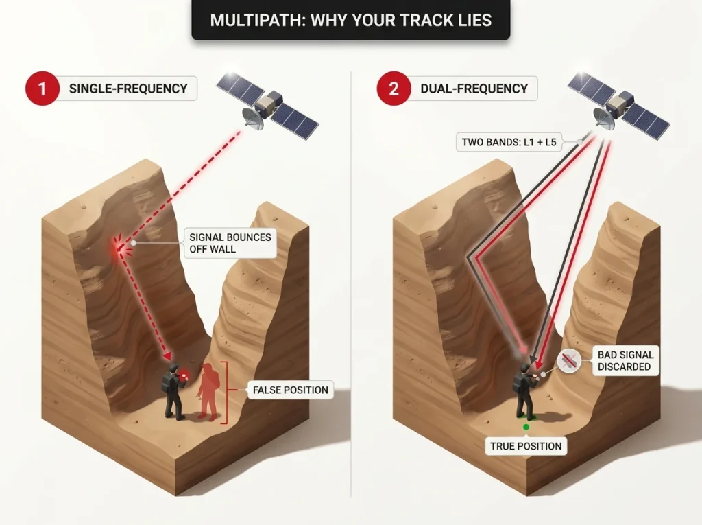 Diagram showing single-frequency GPS bouncing off a canyon wall for a false fix versus dual-frequency rejecting the bounce