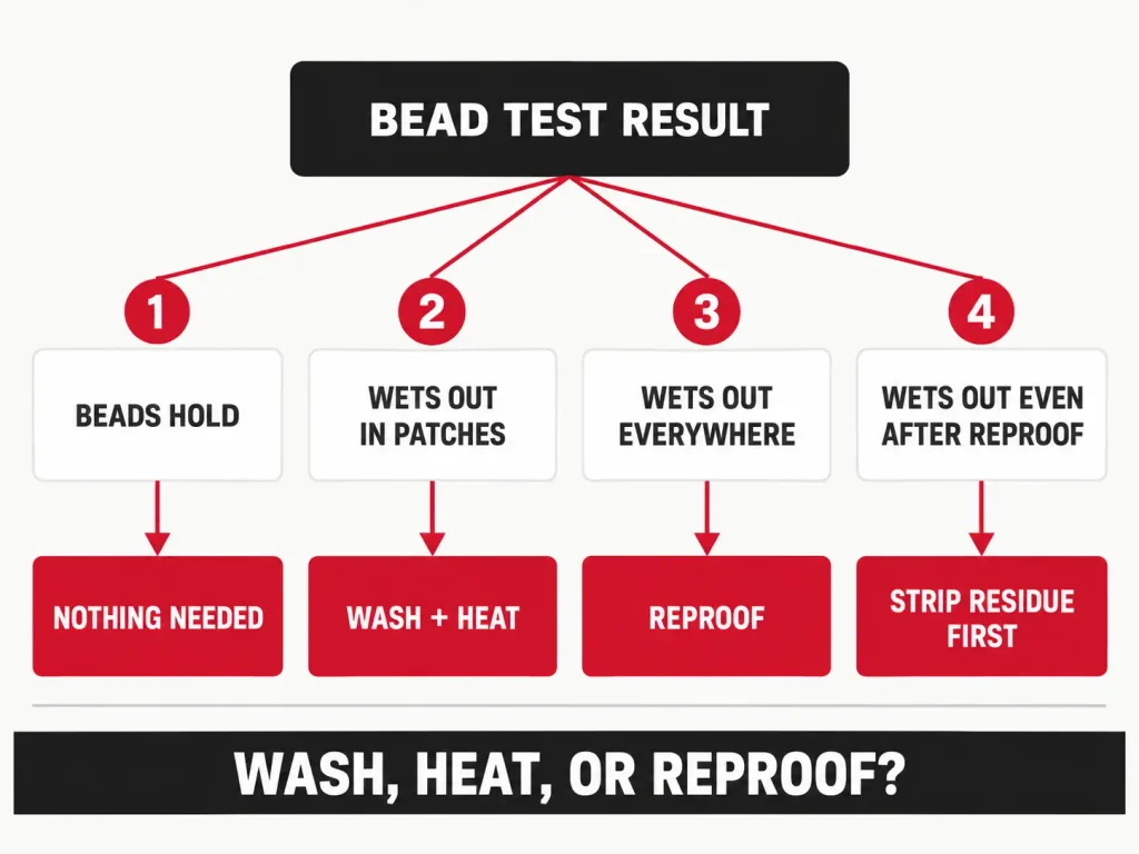 Decision chart matching a DWR bead-test result to one fix: nothing, wash and heat, reproof, or strip residue