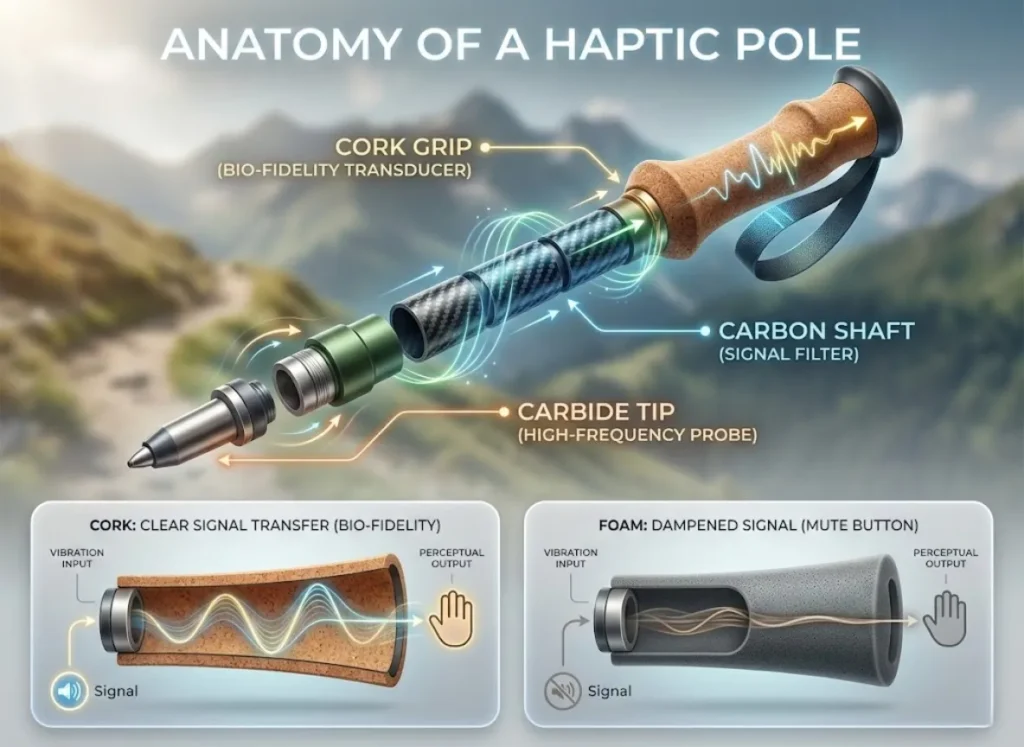 An infographic showing an exploded view of a hiking pole's components for neural feedback. It labels a Cork Grip as a Bio-Fidelity Transducer, a Carbon Shaft as a Signal Filter, and a Carbide Tip as a High-Frequency Probe, with smaller diagrams comparing cork's clear signal transfer to foam's dampened signal.