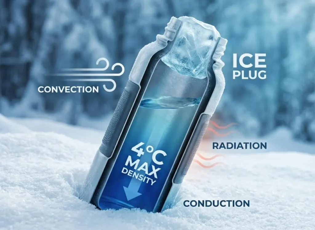 A 3D cross-section illustration of a hiking water bottle in snow, visualizing the physics of freezing. The image labels heat loss vectors (Conduction, Convection, Radiation) and shows ice forming at the top while denser 4°C water sinks to the bottom.