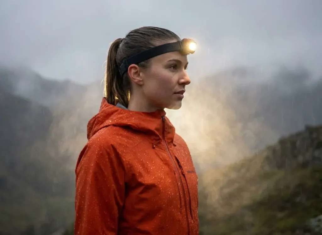 A trail runner in a bright orange jacket moves through dense fog, her headlamp beam creating a solid cone of light that illuminates the mist particles.