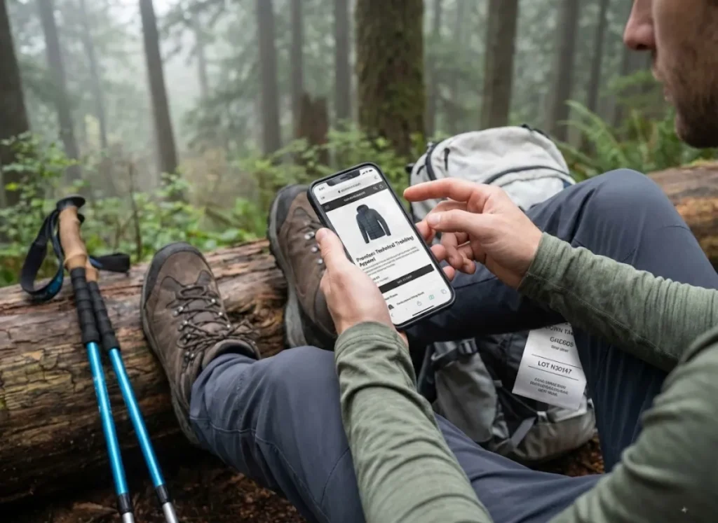 A hiker at a trailhead using a smartphone to look up the lot number on their down jacket tag.