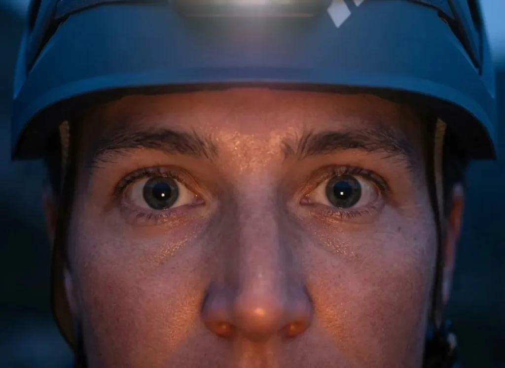 Extreme close-up of a hiker's eye and face in low light, illuminated by the warm upward reflection of a headlamp against a cool night background.
