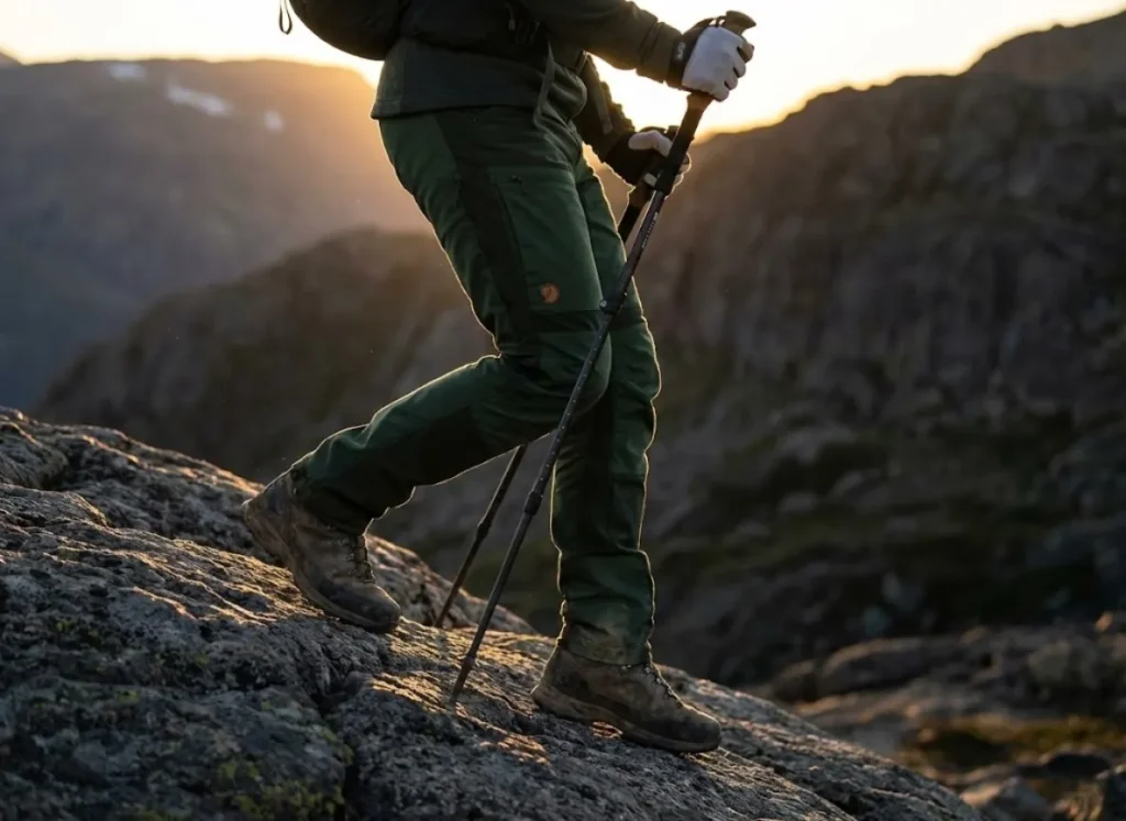 Side profile of a hiker's legs and trekking poles during a descent, freezing the moment of weight transfer to the poles, backlit by golden hour light.