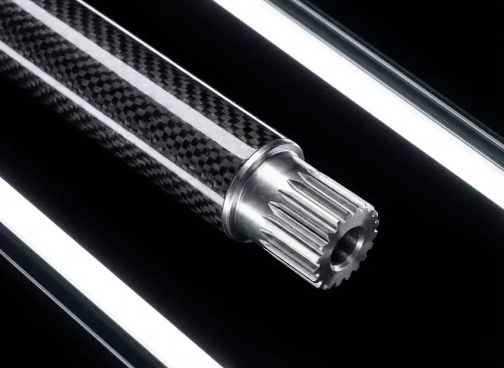 Studio macro shot of a carbon fiber trekking pole shaft and carbide tip, highlighting the weave pattern and material engineering against a black background.