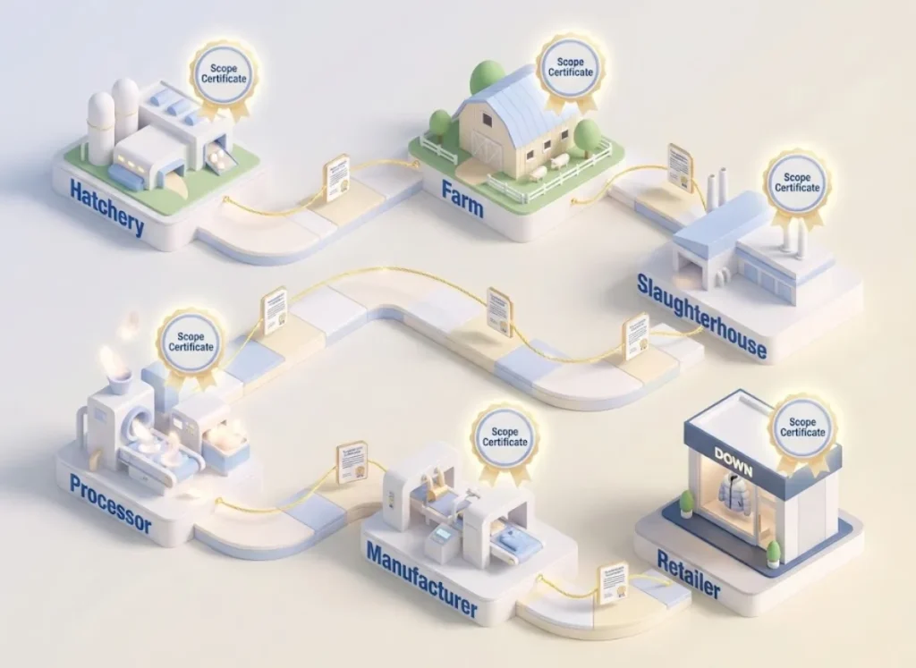 A stylized, high-end isometric infographic illustrating the Content Claim Standard (CCS) supply chain for down feathers. The path connects a Hatchery, Farm, Slaughterhouse, Processor, Manufacturer, and Retailer, with glowing icons representing Scope and Transaction Certificates ensuring integrity at every step.
