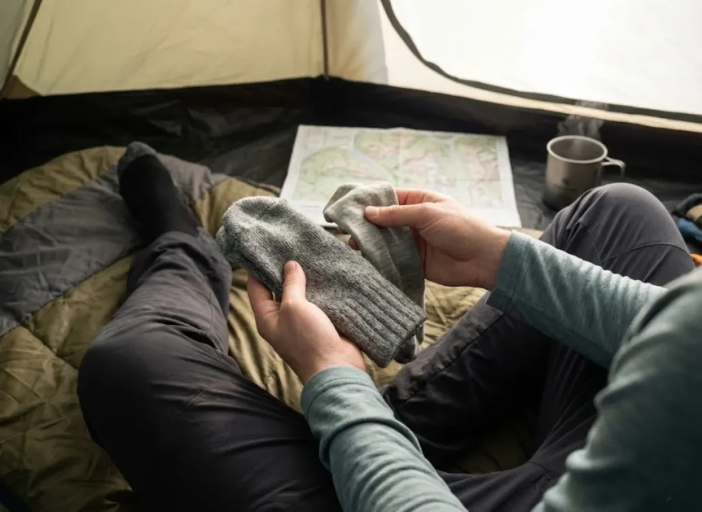 A hiker inside a tent inspecting the texture and thickness of a waterproof hiking sock compared to a standard liner.