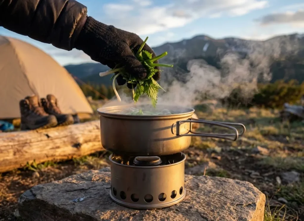 Freshly foraged wild greens being added to a boiling pot on a backpacking stove.