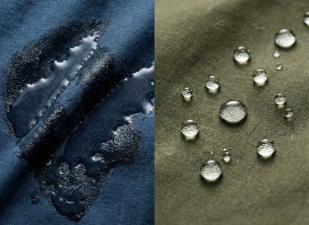 Macro comparison showing water soaking heavily into cotton fabric versus water beading on the surface of technical outdoor fabric.