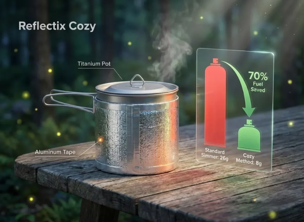 A premium infographic illustration showing a camping pot inside a silver insulated cozy on a wooden table. A graphical overlay compares fuel usage, showing a 70% reduction between standard simmering and the cozy method.