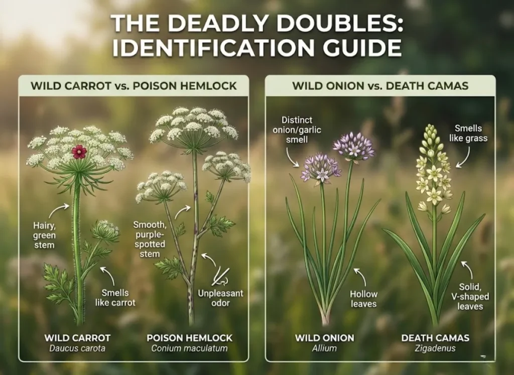 A high-definition infographic comparing 'Deadly Doubles' plants. The left panel, titled 'WILD CARROT vs. POISON HEMLOCK', shows a hairy Wild Carrot stem with a red center flower labeled 'Hairy, green stem' and 'Smells like carrot', next to a smooth, purple-spotted Poison Hemlock stem labeled 'Smooth, purple-spotted stem' and 'Unpleasant odor'. The right panel, titled 'WILD ONION vs. DEATH CAMAS', displays a Wild Onion with hollow leaves labeled 'Distinct onion/garlic smell' and 'Hollow leaves', beside a Death Camas with solid leaves labeled 'Smells like grass' and 'Solid, V-shaped leaves'. The background is a softly blurred natural field.