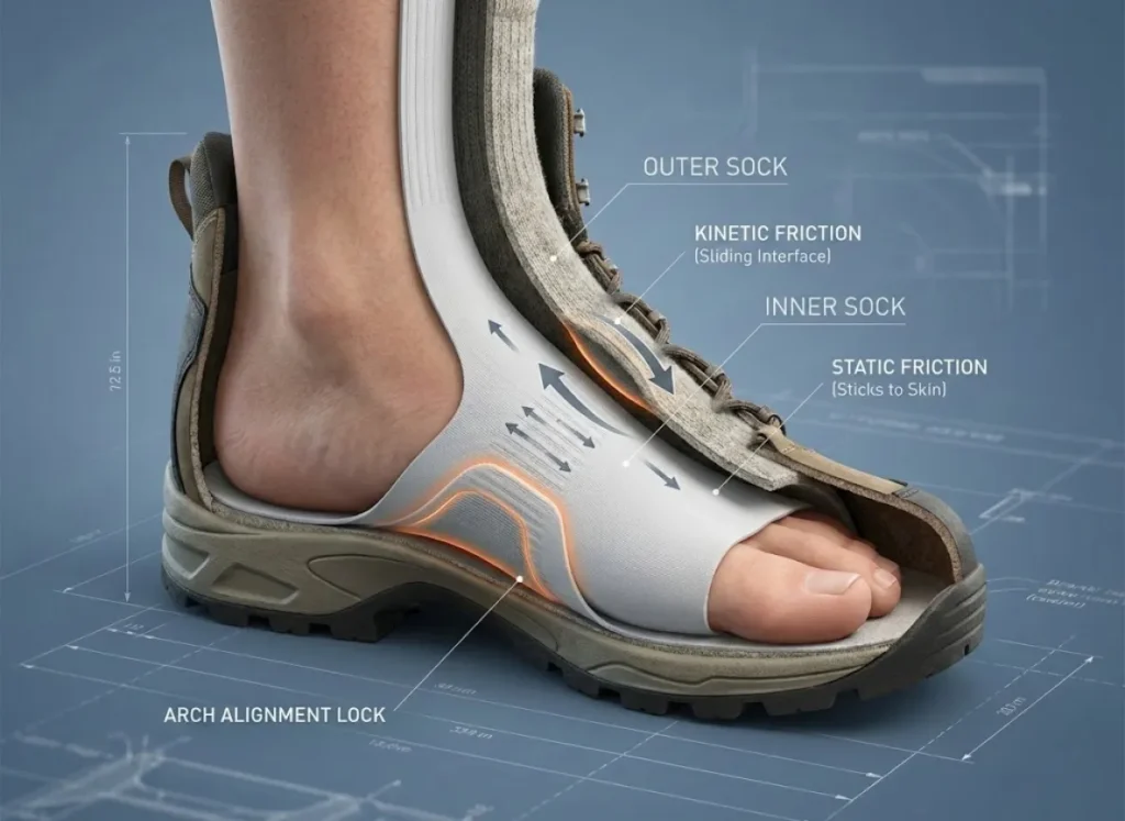 A detailed cross-section infographic illustrating how a double-layer sock system prevents blisters. It shows a human foot inside an inner sock, an outer sock, and a boot, with arrows and labels indicating "Static Friction" between the foot and inner layer, and "Kinetic Friction" between the two fabric layers.