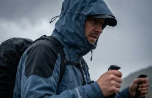 How to Restore DWR: The “Heat First” Protocol A hiker in heavy rain with a waterproof jacket visibly soaked through and dark on the shoulders due to DWR failure.