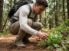 Edible Plants for Hiking: Safe ID & Trail Recipes A hiker crouches on a forest trail to closely inspect the leaves of an edible wild plant.