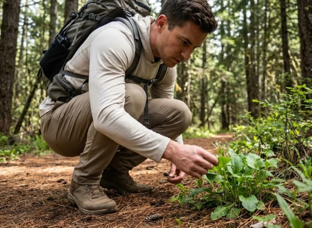 A hiker crouches on a forest trail to closely inspect the leaves of an edible wild plant.