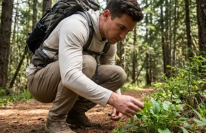 Edible Plants for Hiking: Safe ID & Trail Recipes A hiker crouches on a forest trail to closely inspect the leaves of an edible wild plant.