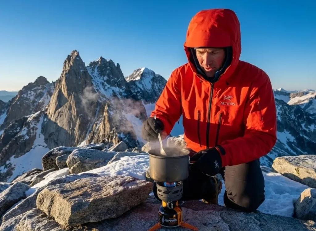A professional mountaineer in a red Arc'teryx jacket cooking on a Jetboil stove high on a snowy mountain ridge, with backlit steam rising against jagged peaks.