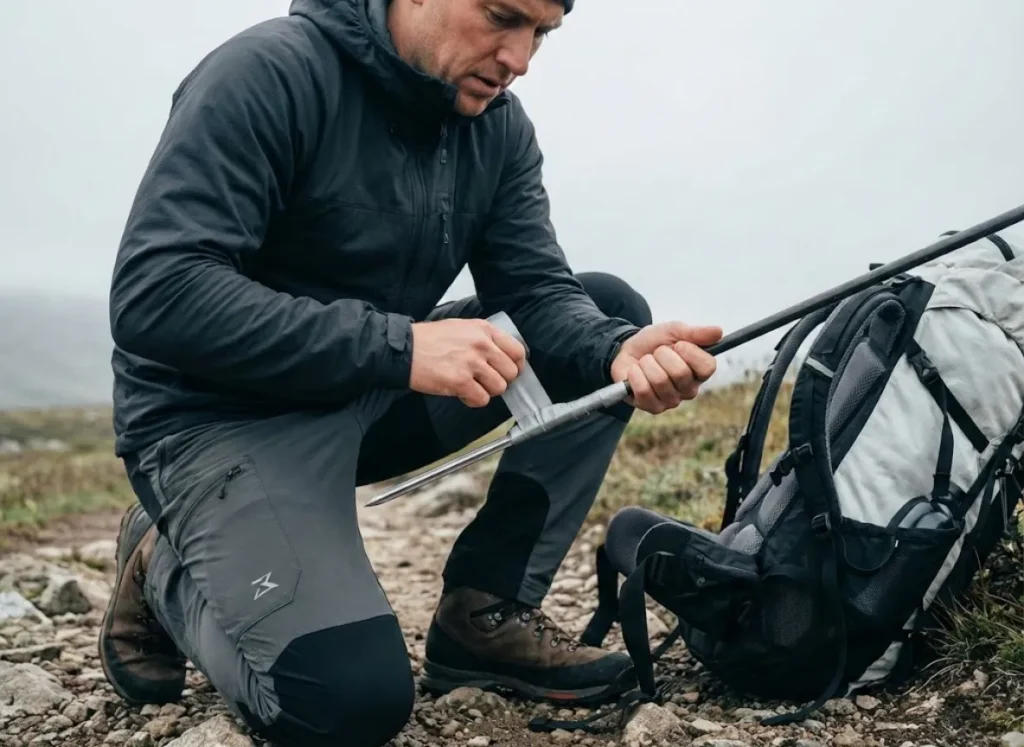 A hiker performing an emergency field repair on a broken trekking pole using a tent stake and duct tape.