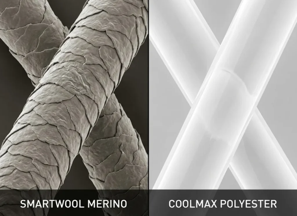 Extreme microscopic macro comparison showing the scaled texture of merino wool fibers versus the smooth, cylindrical surface of synthetic polyester liner fibers.