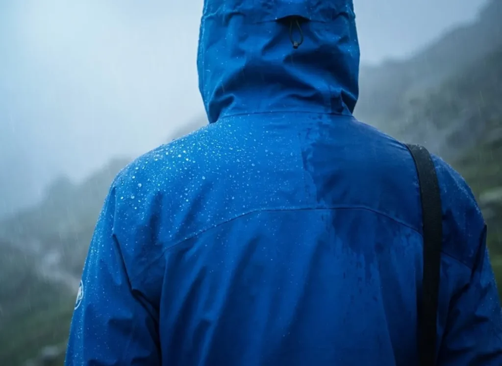 A technical visualization of a waterproof jacket wetting out, showing a dark saturated patch where a backpack strap was located versus dry beading water elsewhere.