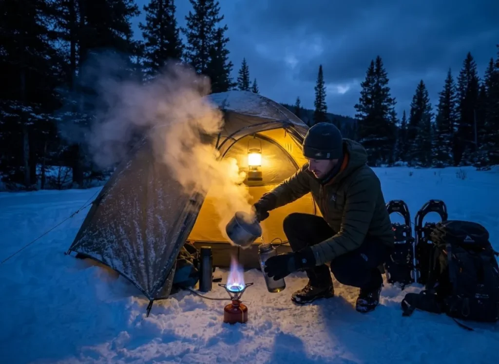 A winter camper pouring boiling water from a stove pot into a bottle inside a tent vestibule at twilight.