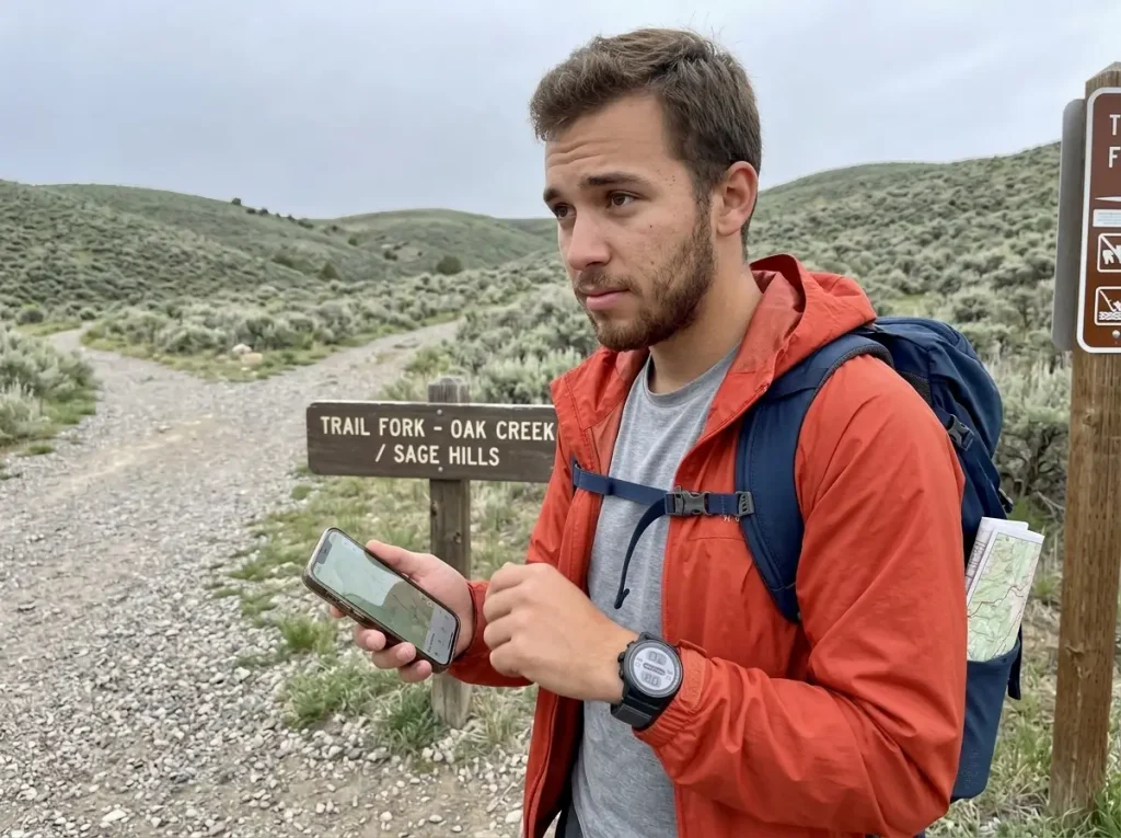 New hiker comparing a Coros Apex 2 Pro GPS watch and a phone map at a trailhead
