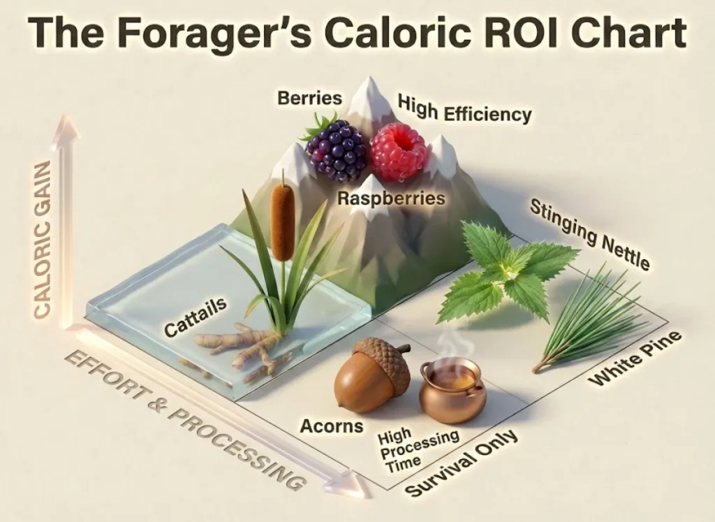 A sophisticated 3D semantic infographic plotting wild edible plants on a matrix of 'Effort/Processing Time' versus 'Caloric Gain,' featuring hyper-realistic renderings of berries, cattails, and pine needles in a premium editorial style.