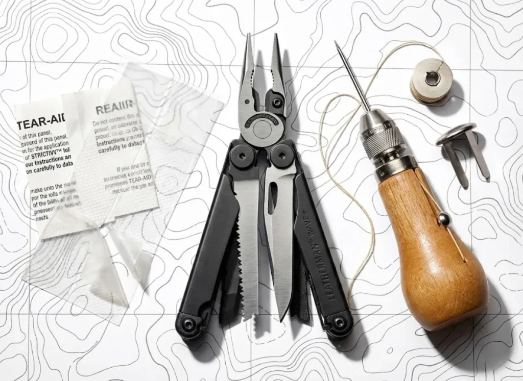 A precise, top-down knolling photography layout of hiking repair tools including a Leatherman Wave+ and Speedy Stitcher on a topographic map background.