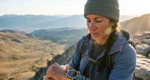 8 GPS Hiking Watches Compared Only 2 Call for Help Hiker checking a Garmin Fenix 8 GPS hiking watch on a ridgeline at golden hour
