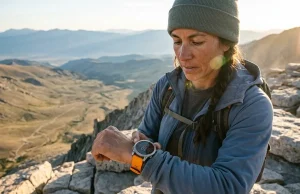 8 GPS Hiking Watches Compared Only 2 Call for Help Hiker checking a Garmin Fenix 8 GPS hiking watch on a ridgeline at golden hour